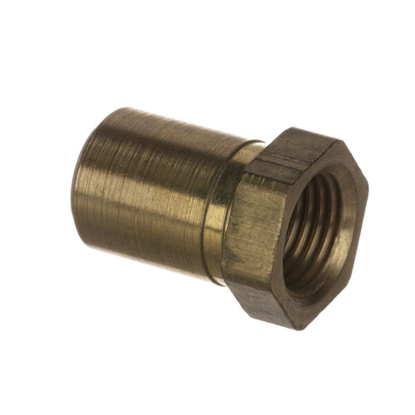 A close-up of a brass threaded nut on a metal tube.