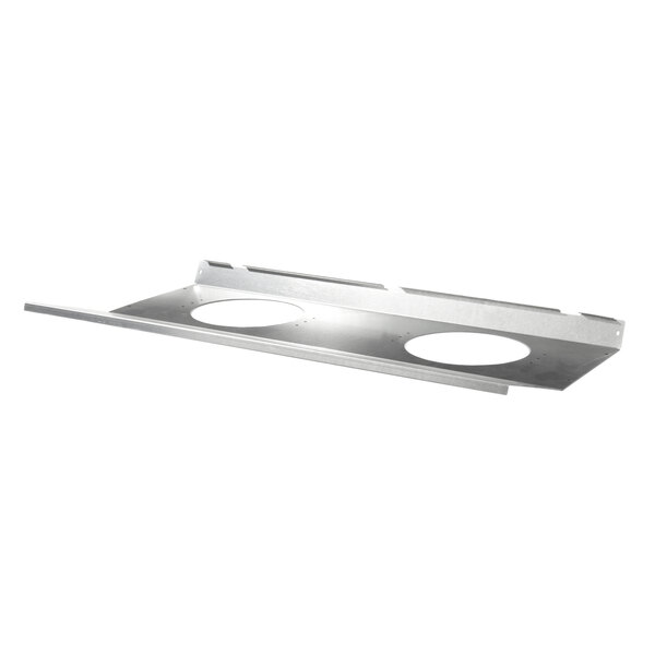 A stainless steel Master-Bilt Venturi shelf with two holes in it.