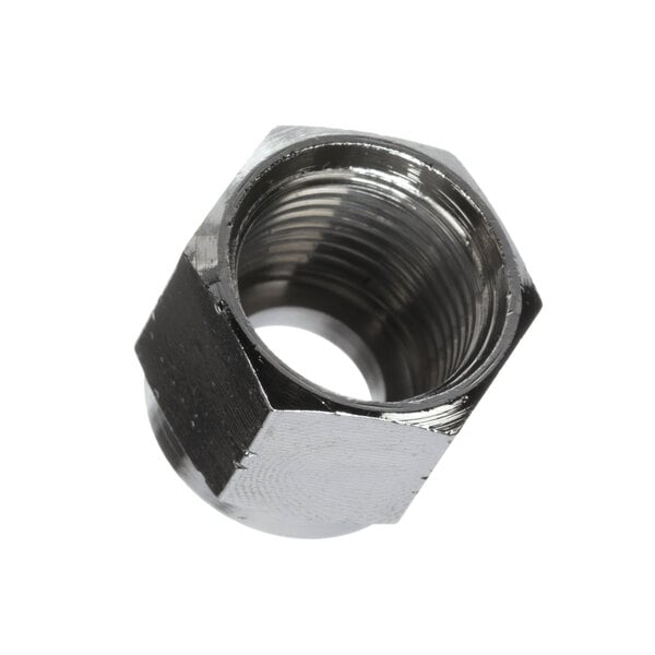 A stainless steel threaded swivel nut with a white background.