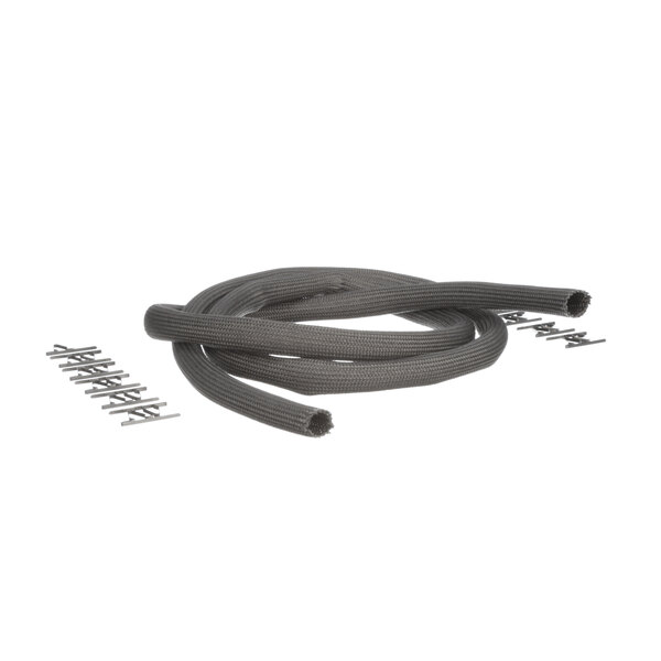 A black rubber hose with two metal clips.