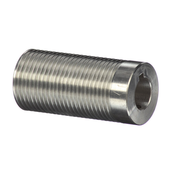 A close-up of a metal cylinder with a metal tube threaded onto it.