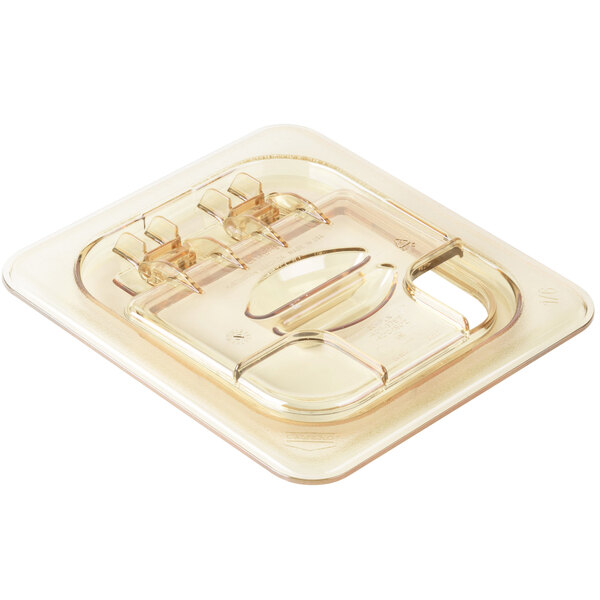 A Cambro amber plastic lid with a spoon notch.