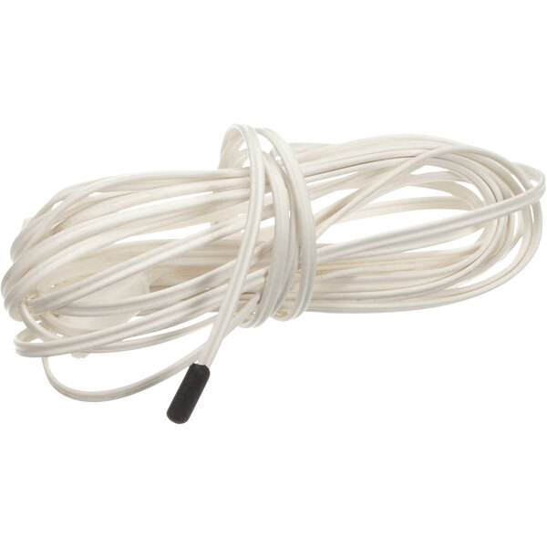 A white cord with a black tip on a white wire.