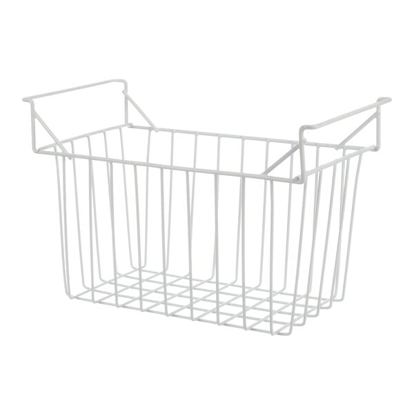 A white wire basket with handles on a white background.