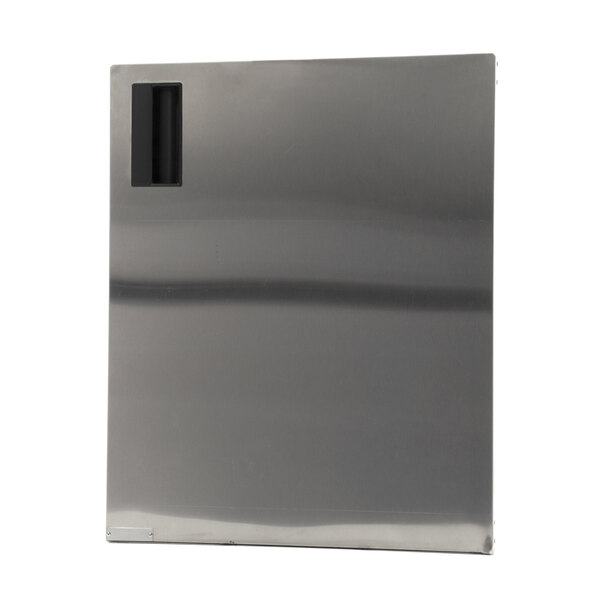 A stainless steel rectangular plate with a black handle.