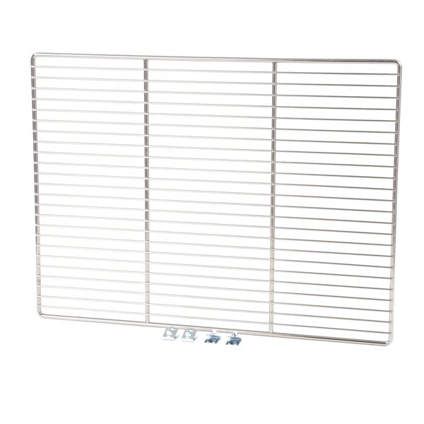 A metal grid shelf for a Continental Refrigerator with metal clips.