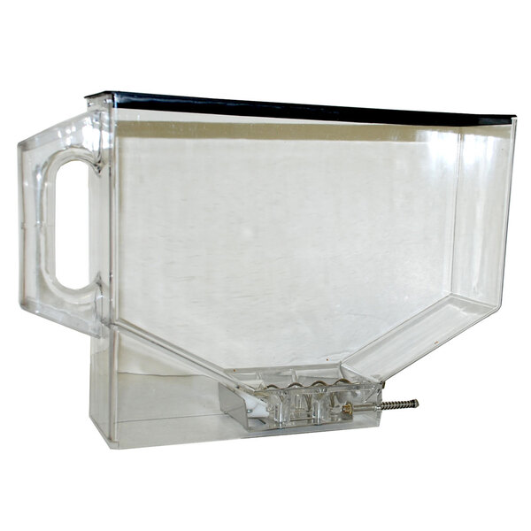 A clear plastic container with a black handle and lid.