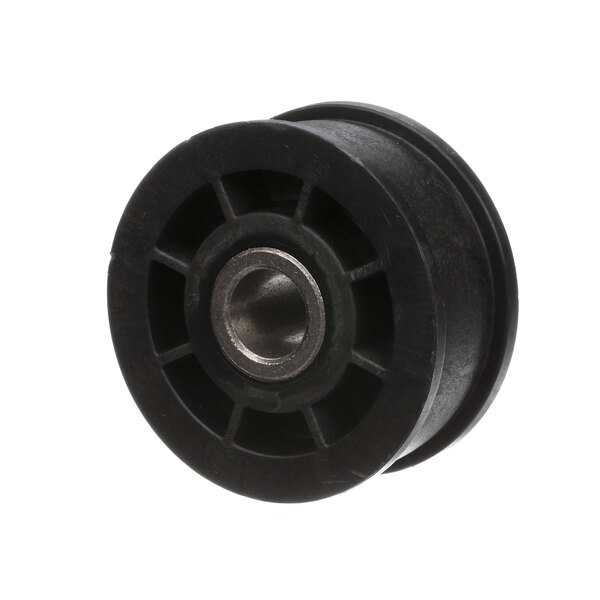 A black rubber idler wheel with a metal center.
