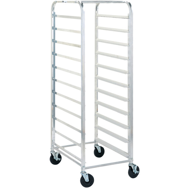 A Metro unassembled metal rack with wheels for 34 pans.