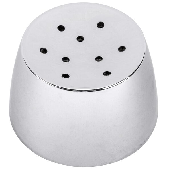 A stainless steel replacement lid with holes for a Libbey glass salt shaker.