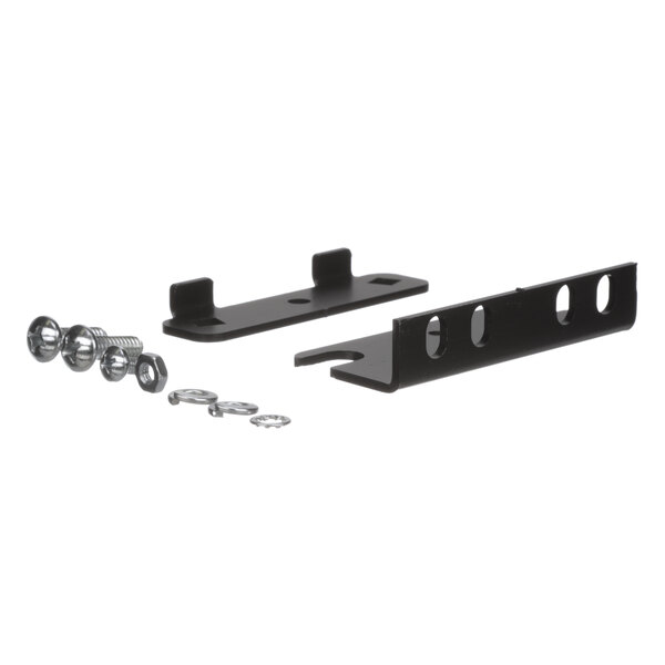 A black metal Habco door bracket with screws and bolts.