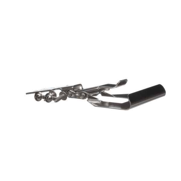 A metal latch kit with a black handle.
