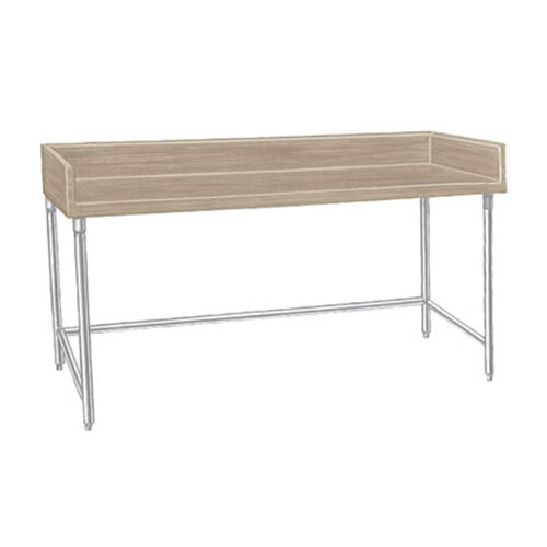 A long wooden table with a stainless steel base.