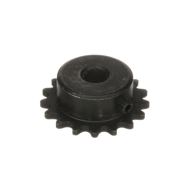 A black metal drive sprocket with a hole.