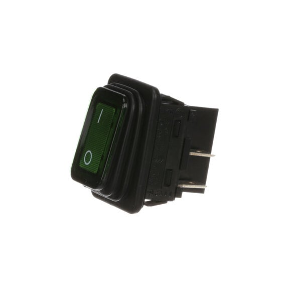 A close-up of a black Meister Cook DPDT rocker switch with green rectangles.