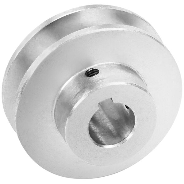 A stainless steel Carpigiani sheave with a hole in the center.
