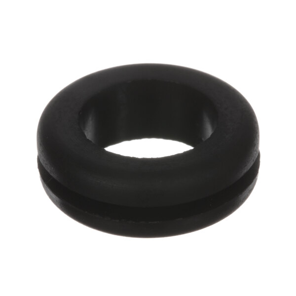 A black round rubber grommet with a hole in the middle.