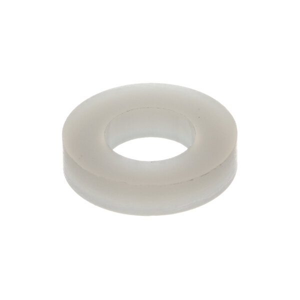 A white round nylon washer with a hole in the middle.