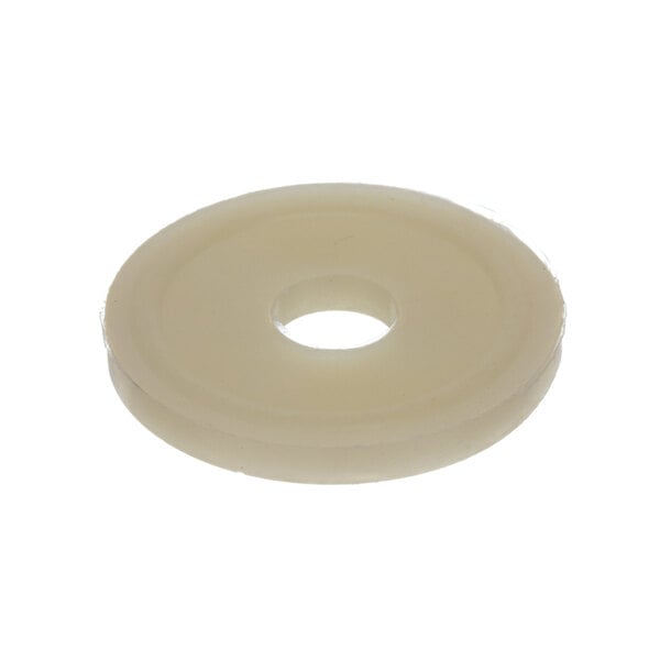 A white round plastic washer with a hole in the center.