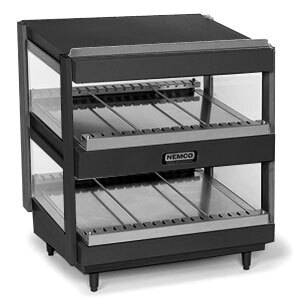 A black Nemco countertop slanted double shelf food warmer with glass shelves.