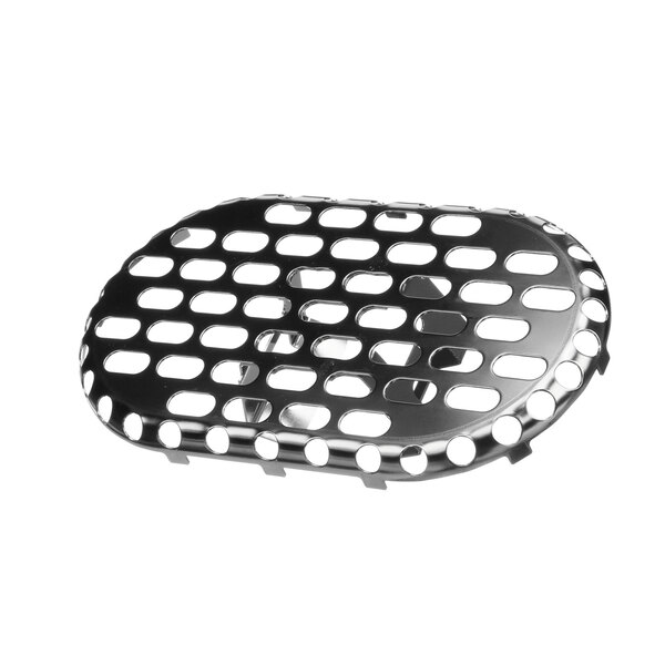 A silver oval-shaped metal drain screen with holes.