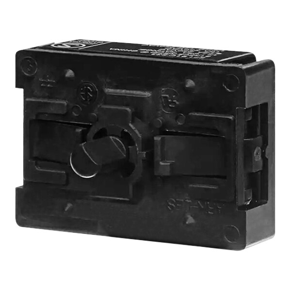A black plastic box with a black plastic cover and a switch inside.