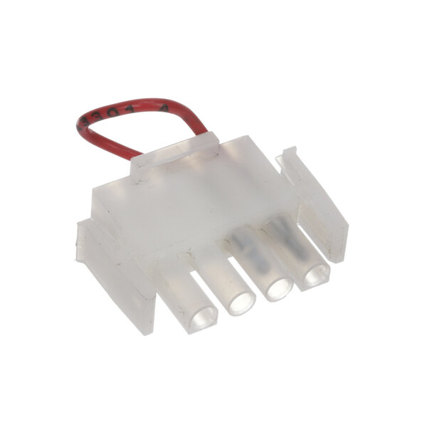 A close-up of a white plastic wire connector with red wires.