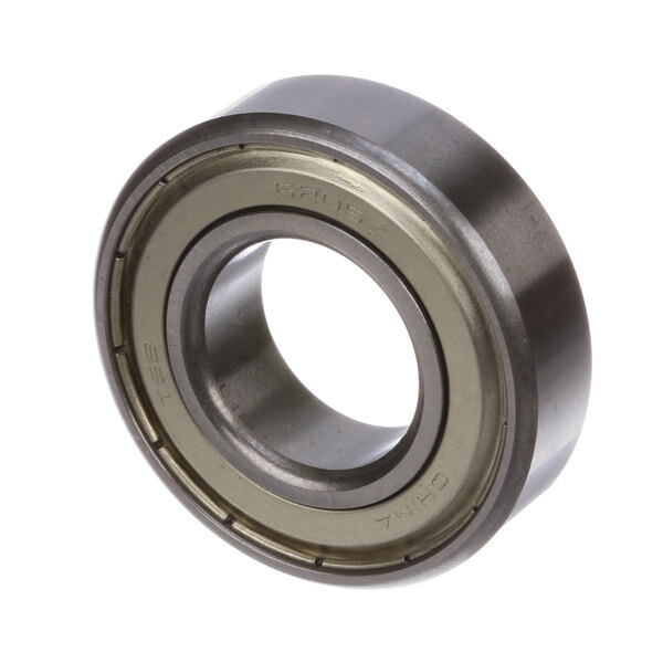 A close-up of a Hobart ball bearing with steel balls and a stainless steel ring.