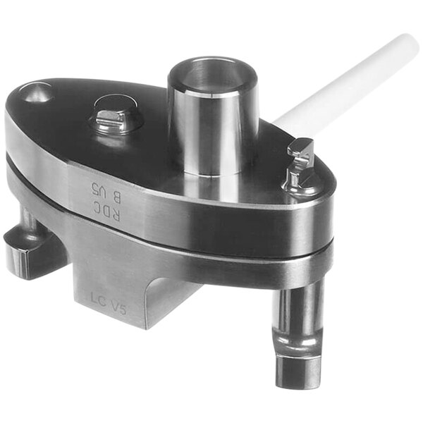 A stainless steel valve with a white tube and white handle.