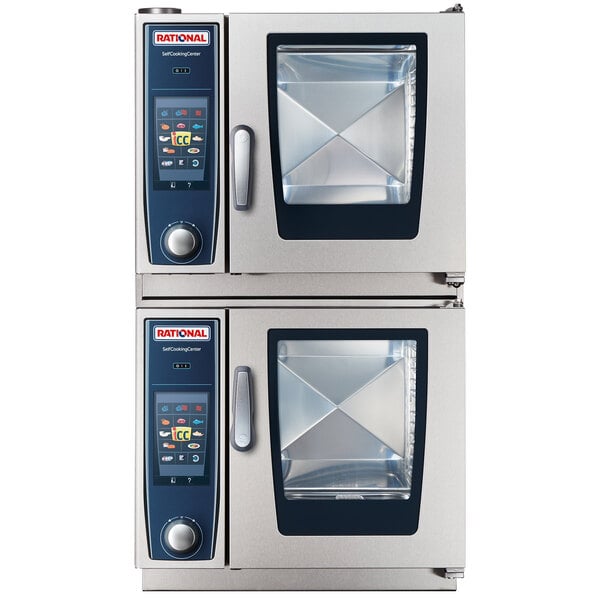 A silver Rational Stacking Kit for two blue and silver Duo XS Combi ovens.
