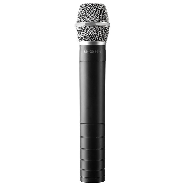 A close-up of an Oklahoma Sound wireless handheld microphone with black lines on a white background.
