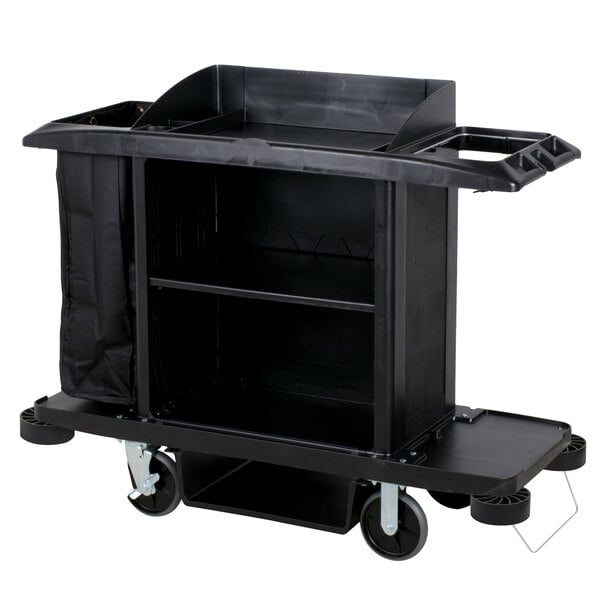 A black Rubbermaid housekeeping cart with wheels and shelves.