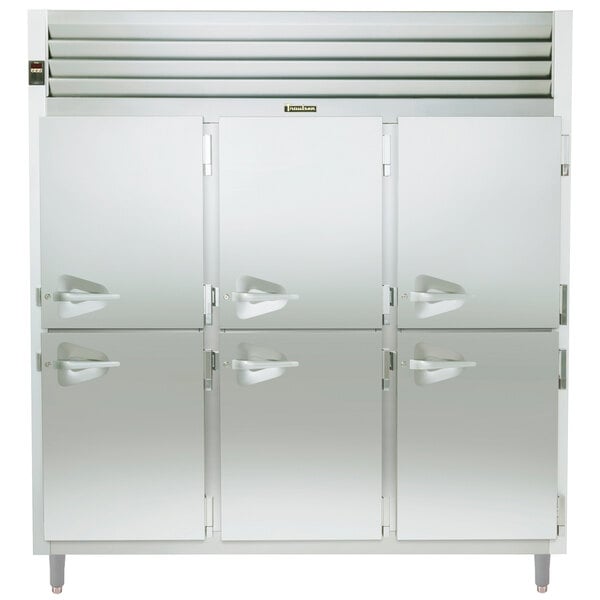 A white Traulsen pass-through refrigerator with four doors and handles.