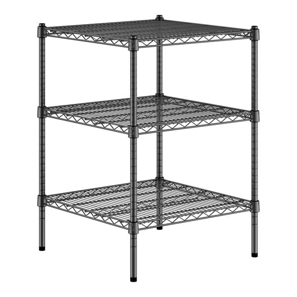 A black Regency wire shelving kit with three shelves.