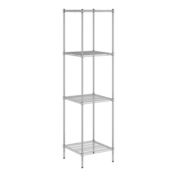 A wireframe metal shelf kit with four shelves.