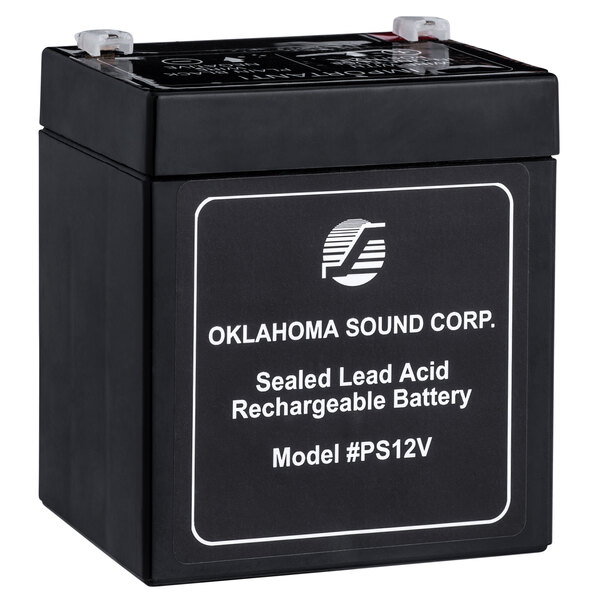 An Oklahoma Sound black rechargeable lead acid battery with white text.