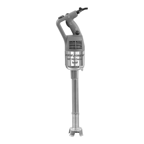 A silver and black Robot Coupe MP350 Combi Turbo hand blender with a whisk attachment.