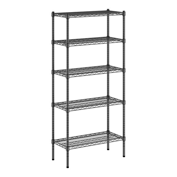 A black wire-frame Regency shelving unit with five shelves.