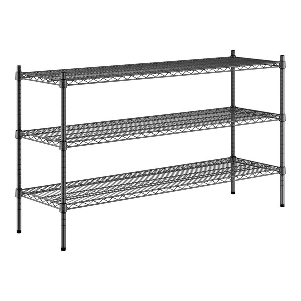A black metal Regency wire shelving kit with three shelves.