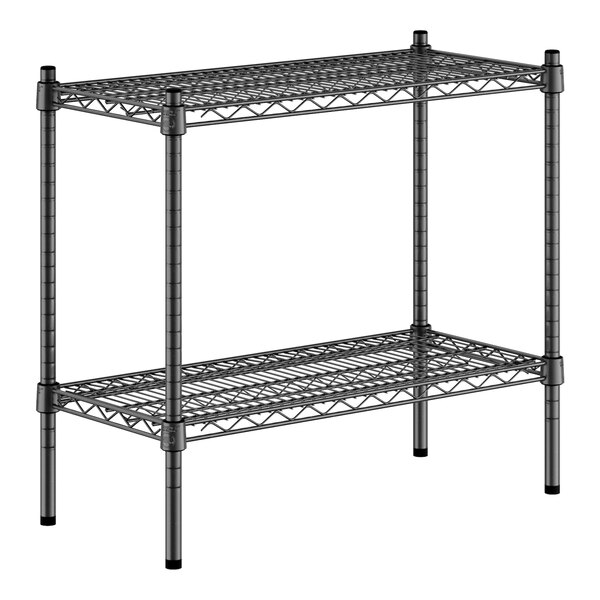 A black metal Regency wire shelf kit with 2 shelves and black metal rods.