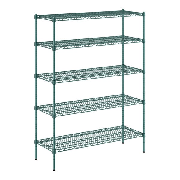 A green metal Regency wire shelving unit with four shelves.