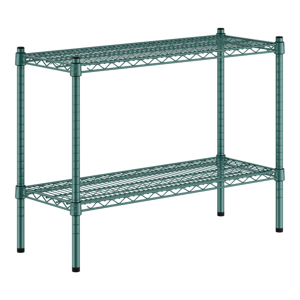 A green metal shelf with two shelves and black legs.