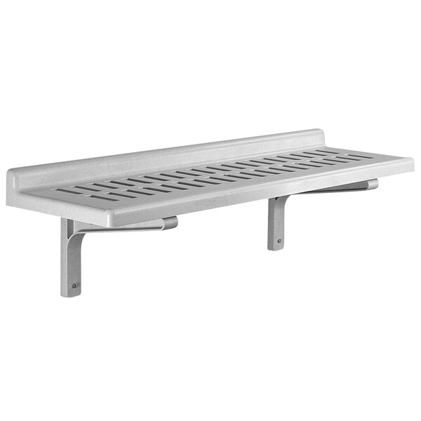 A white Cambro Camshelving® vented wall shelf with stainless steel brackets and holes.