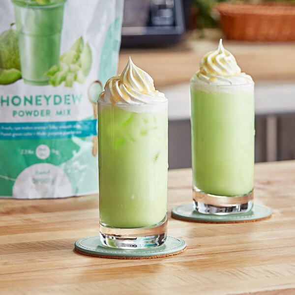 A close up of two green drinks made with Bossen Honeydew Powder.
