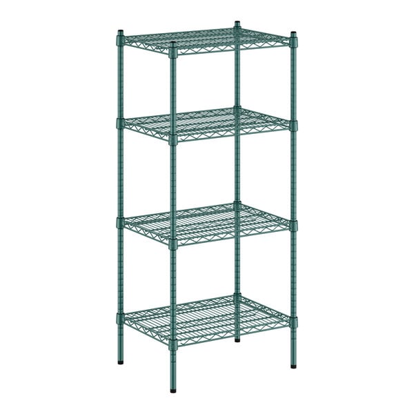 A green wire shelving unit with four shelves.