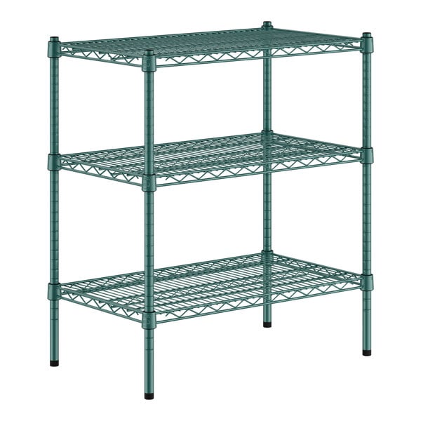 A green metal wire shelving unit with three shelves and black legs.