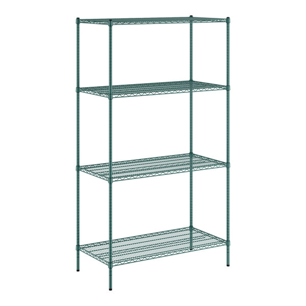 A green metal wire shelving unit with four shelves and posts.