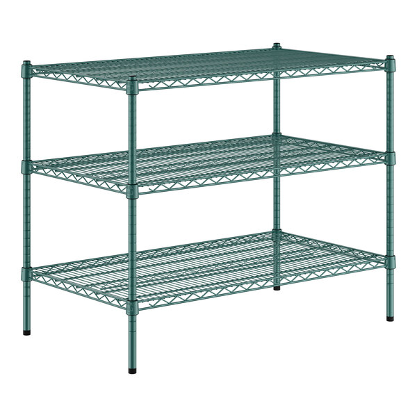 A green Regency wire shelving unit with three shelves.