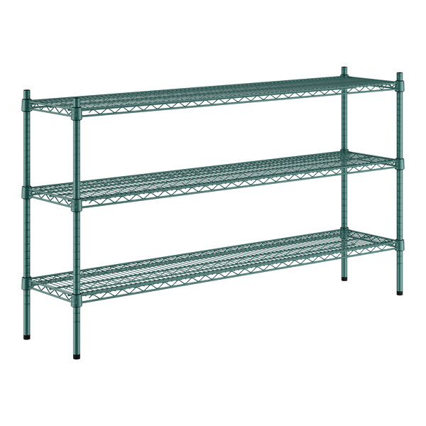 A green metal wire shelving unit with three shelves.