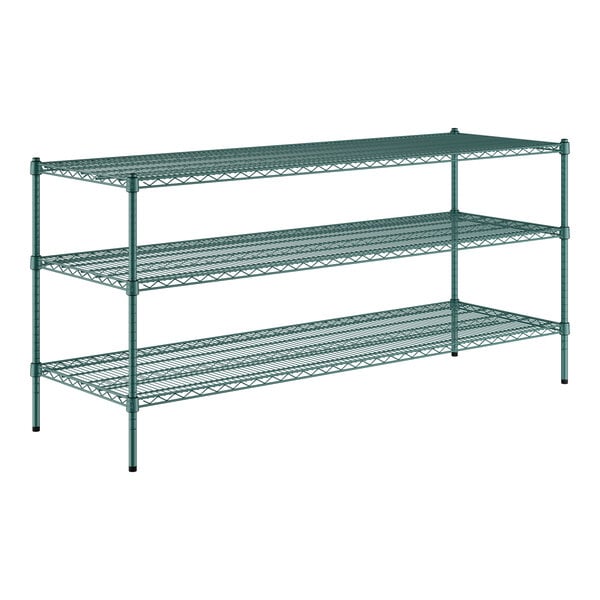 A green metal Regency wire shelving kit with three shelves.